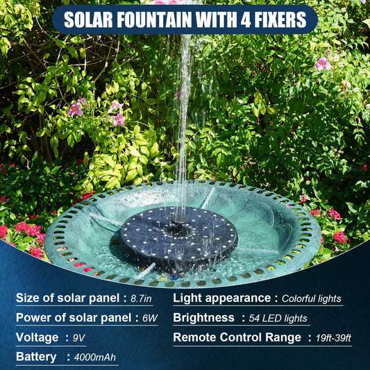 SZMP Remote Control Solar Fountain with Colorful Lights,Solar Water Fountain for Bird Bath Garden Outdoor Decor,Built-in 4000mAh Battery 7 Nozzle 4 Fixer