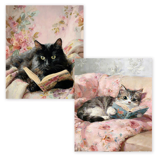 Qykwz 2 Pcs Vintage Cat Reading Book Diamond Painting Kits for Adults, Cat Lover Mom Lady Gifts Diamond Art Kits, DIY Full Drill Gem Art Kit for Home Wall Decor, Book Lover Gifts, 9.8x11.8 Inch