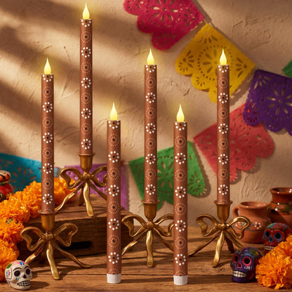 Honoson 6 Pcs Cielito Lindo Party Decorations Mexican Flameless Taper Candle 10.6 Inch Terracotta LED Candles Battery Operated Candlestick for Mexican Barro Home Cinco De Mayo Party Table Decor Gift