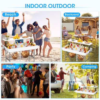 HLPB 4 FT Party Ice Cooler Folding Table with Folding Board, Outdoor ice Table with Skirt & Drain & Folded Buckets & Barbed Wire, Portable Foldable Bar Table for Party, BBQ, Camping, Picnic, White