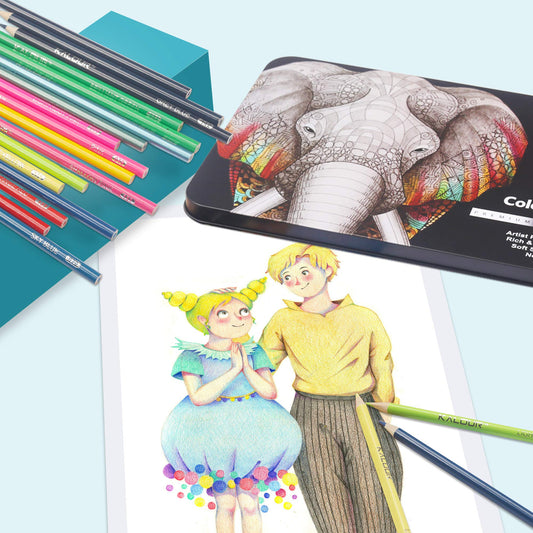 KALOUR 180 Colored Pencil Set for Adults Artists - Rich Pigment Soft Core -12 Metallic Pencil - Ideal for Coloring Drawing Sketching Shading Blending - Vibrant Color（Tin Case）