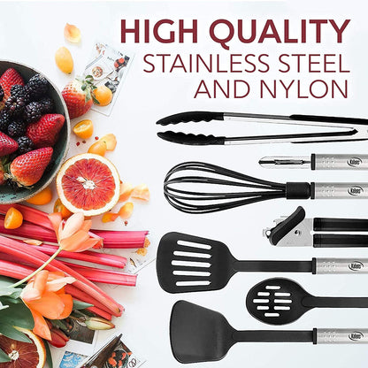 Kitchen Utensils Set - 24 PCS Nylon Cooking Utensils Set, Kitchen Spatula Set with Stainless Steel Handles - Heat Resistant Non-Stick Kitchen Tools - Black Kitchen Utensil Set