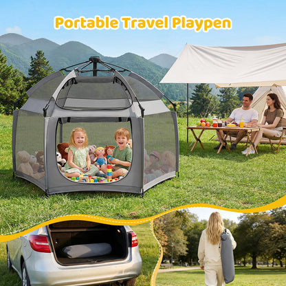 Dripex Pop Up Playpen for Babies and Toddlers with Built-in Pad & One-Click Safe Lock,Foldable Indoor/Outdoor Playpen with Roll-Up Door &Top Mesh Window, Portable Travel Play Pen &Baby Beach Tent,Grey