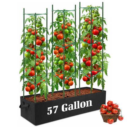 BobbleT 3 Pack Heavy Duty Tomato Cages with 57 Gallon Grow Bag, 48" Adjustable Tomato Trellis for Raised Garden Bed, Sturdy Triangle Plant Support for Climbing Vegetables, Cucumbers & Garden Plants