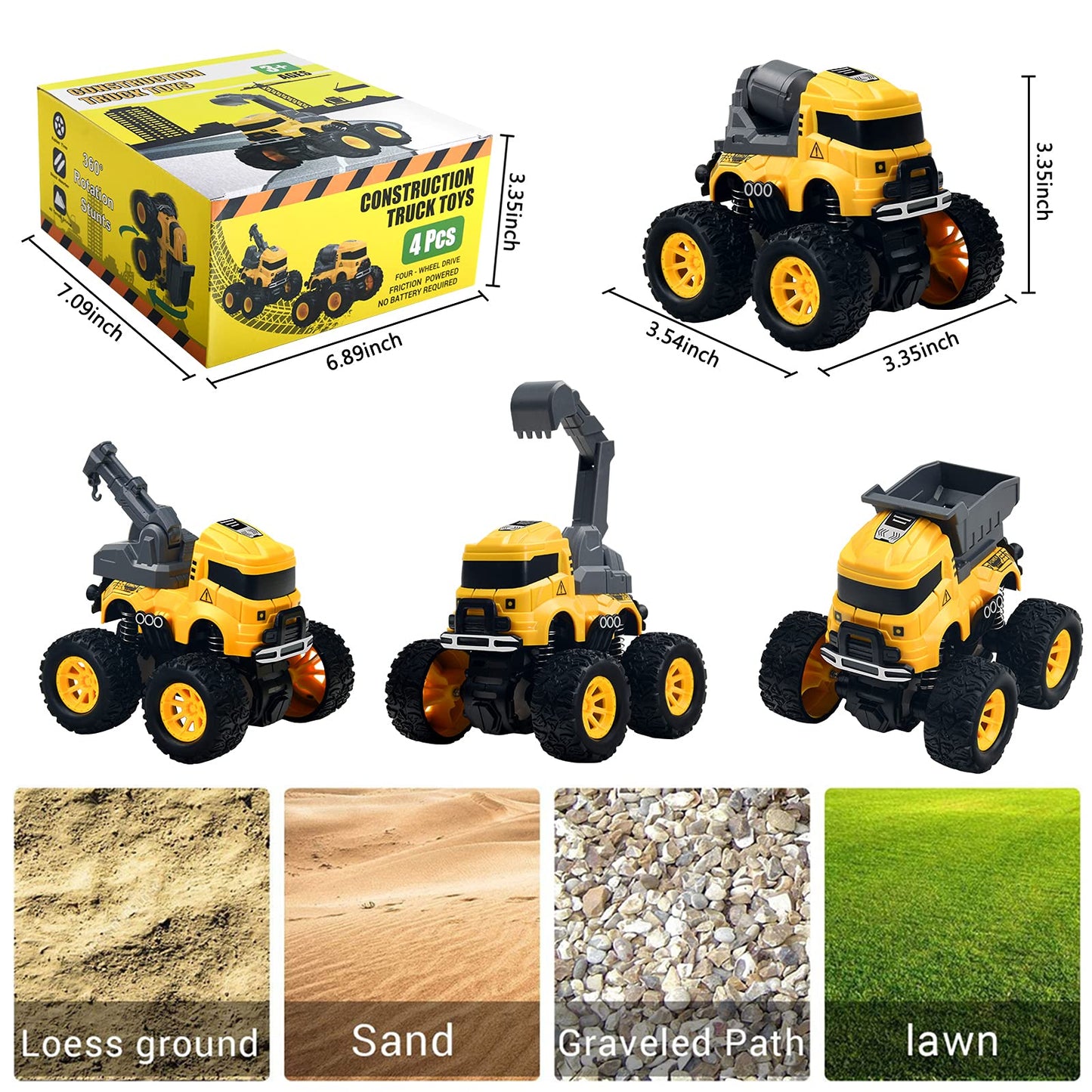 Construction Truck Toys - 4 Pack Excavator, Mixer, Crane, Dump Trucks Push and Go Friction Powered Cars Monster Trucks Vehicles Playset Kids Birthday Party Favors Gifts for 3+ Year Old Boys Girls