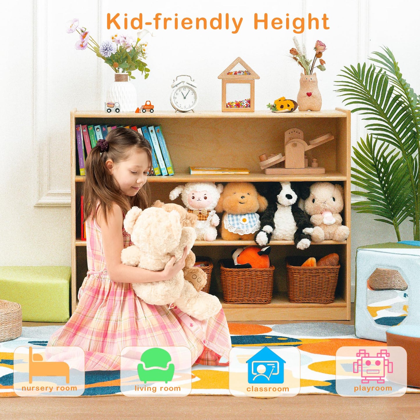 kidi house Kids Bookshelf and Toy Storage Shelf, Wooden Montessori Bookshelf, 3-Tier Toy Shelf, 30in Birch Children Bookcase, Classroom Furniture, Book Shelf for Kids Room, Nursery, Playroom