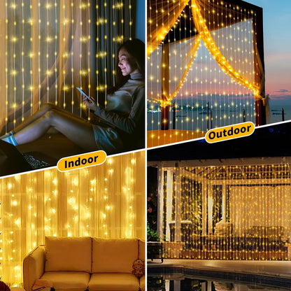 Solar Curtain Lights Outdoor Waterproof 10 * 10Ft 300LED Waterfall Light with 8 Modes Remote Rechargeable Dimmable Hanging Twinkle Fairy String Lights for Outside Christmas Gazebo Party Wedding