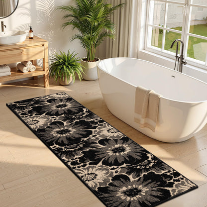Findosom Hallway Runner Rug 2x8, Non Slip High-Low Textured Floral Washable Runner Rug with Rubber Backing, Boho Carpet Runner for Kitchen, Entryway, Bedroom, Laundry, Black & Beige