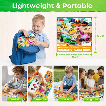 SYNARRY Magnetic Puzzles for Toddlers 3-5, Toddler Travel Toys Construction Toys Excavator Puzzles for Toddlers 2-4, Vehicle Puzzles for Kids Ages 4-6, Car Airplane Road Trip Activities Easter Gifts