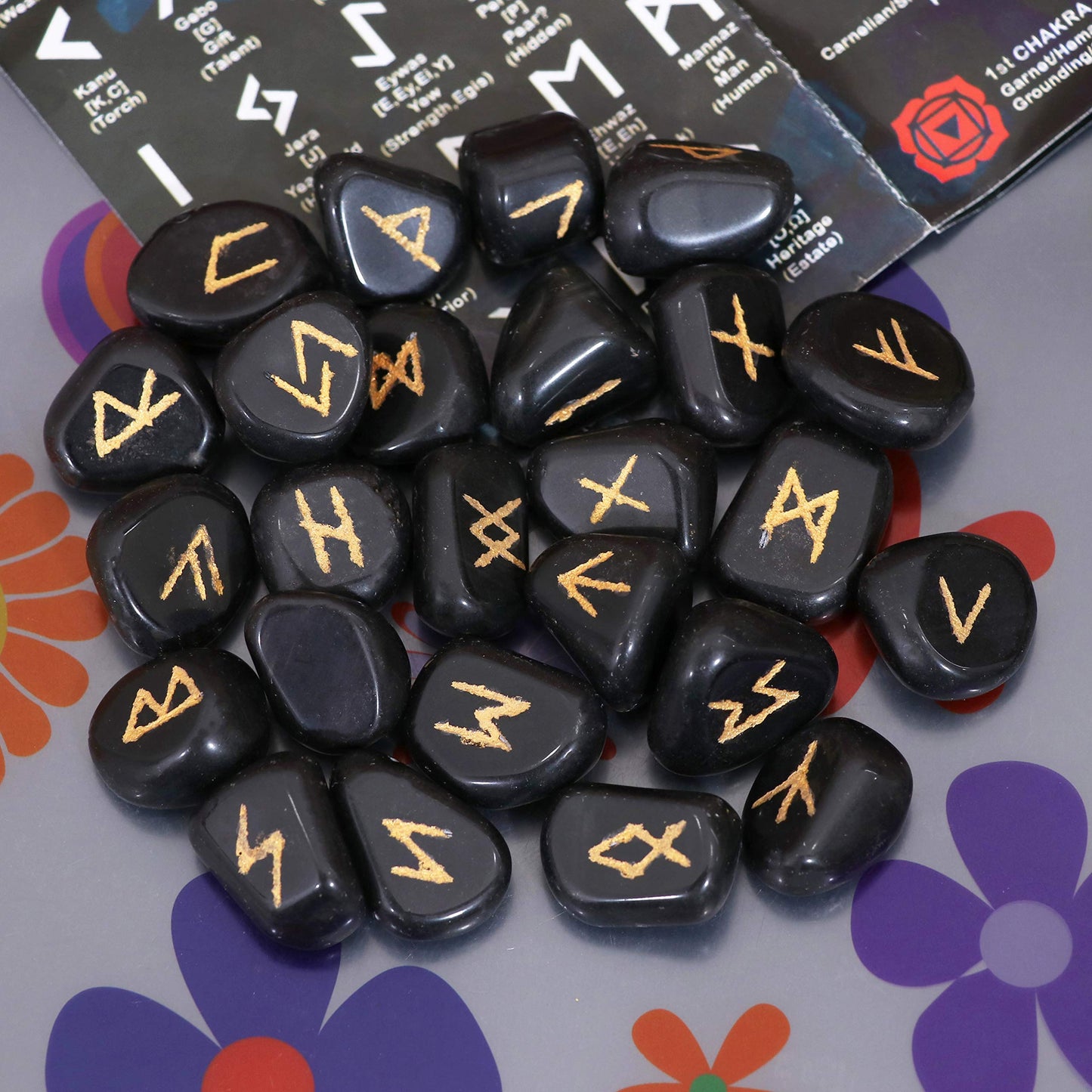 Crocon Fathers day gift Black Tourmaline Tumble Shape Gemstone Runes Stones with Elder Futhark Alphabet Engraved 25 pcs Runes Set Crystal Divination Healing Chakra Reiki with a Pouch Size : 15-20 mm