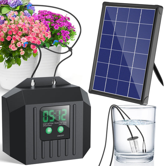 NFESOLAR 4W Solar Drip Irrigation Kit for Outdoor Indoor Plants, Customizable Watering Duration 1–30min & Interval 3h–7d, Solar Irrigation System for Garden Patio Balcony Vacation