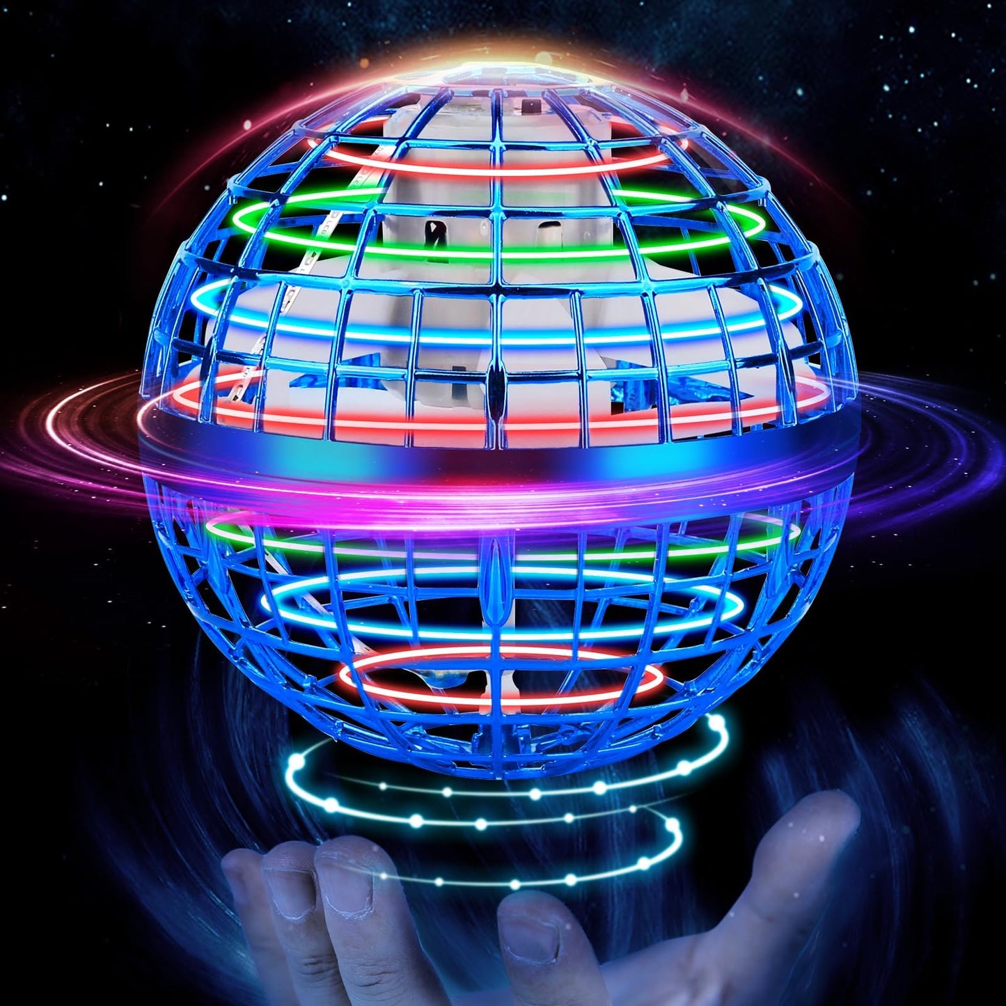 Junywell Flying Orb Ball Toy, Hover Hand Mini Drone Cosmic Globe, Fly Spinners for Kids Adults Indoor Outdoor Toys, Cool LED Lights Toys for 6 7 8 9 10+ Years Old Boys Girls Gift Blue