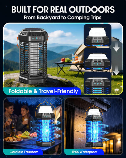 GTERT Solar Bug Zapper Outdoor – Ultra-Strong Fly & Mosquito Zapper, Solar-Powered Rechargeable Bug Zapper, Portable Cordless Insect Zapper, Foldable Adjustable Outdoor Light, IP66 Waterproof (Black)