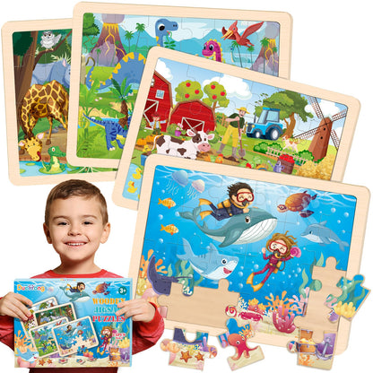 Puzzles for Kids Ages 4-6, 4 Packs Wooden Animals Jigsaw Puzzles for Toddlers Ages 3-5, Preschool Educational Puzzles Boards Toys Gifts for 3 4 5 6 Boys Girls