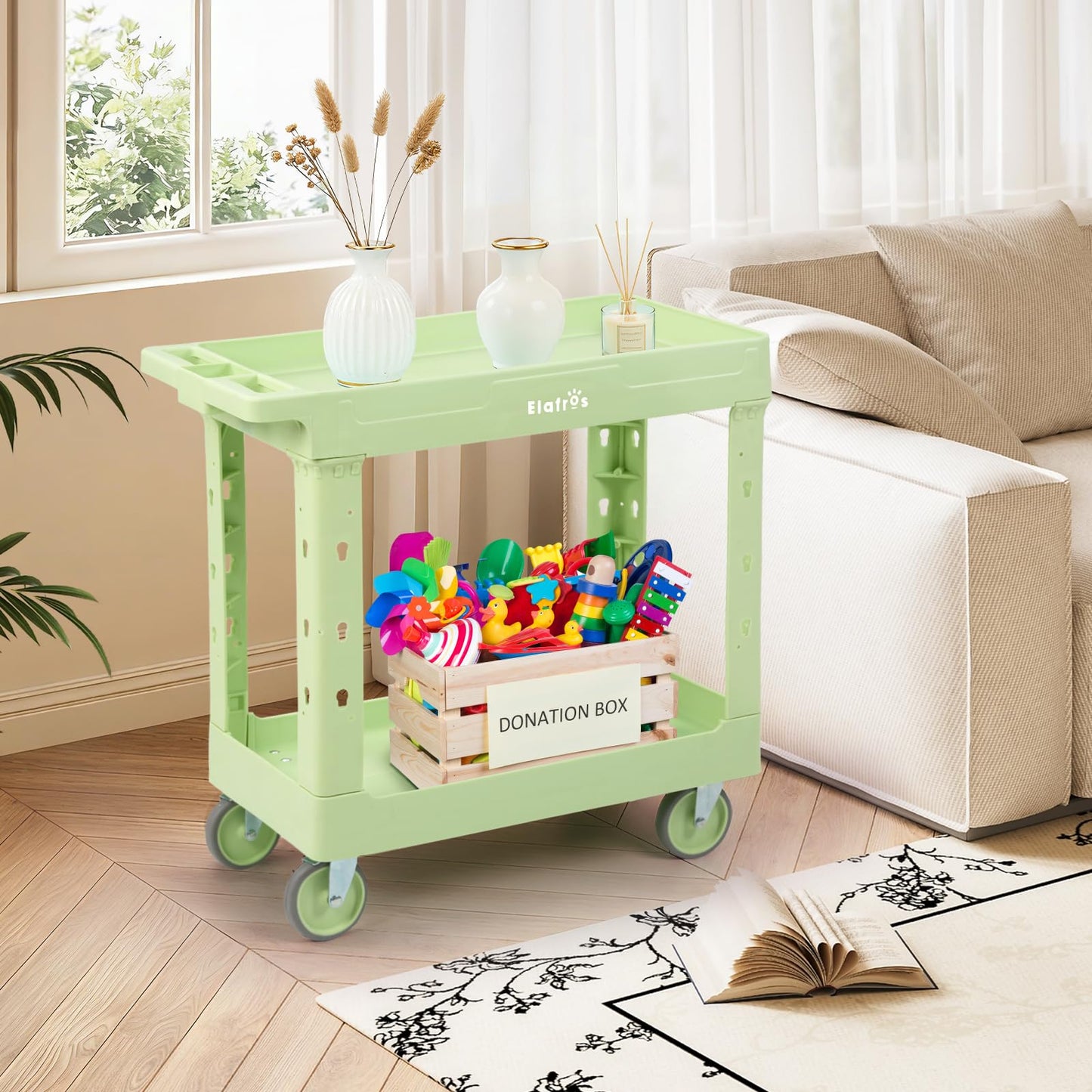 ELAFROS 2-Tier Plastic Utility Cart with Deep Tub Shelves, 34 x 17 in Rolling Work Cart, Swivel Casters, 550 lbs Capacity, Pistachio Green