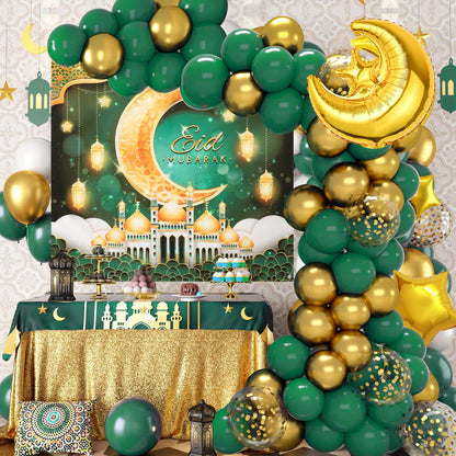Eid Mubarak Decorations for Home - 74pcs Ramadan Decorations with Green Gold Star Moon Ramadan Balloons and Eid Mubarak Banner for Ramadan Decor