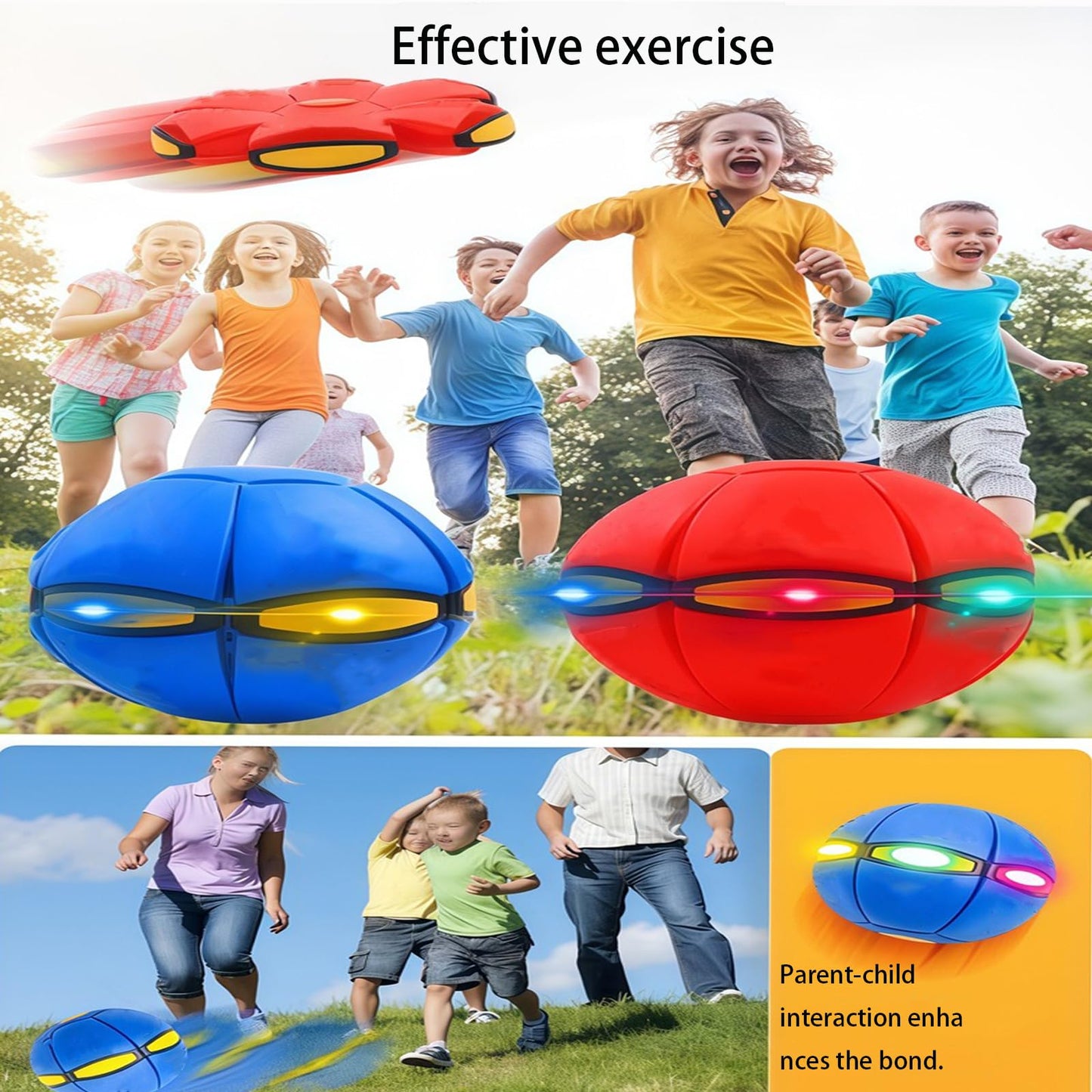 Magic Ball, Flying Saucer Bouncy Ball - Two Modes to Switch Freely, 6 LED Lights, Parent-Child Interaction, Indoor and Outdoor Holiday Games (Green + Blue + Purple + Red)