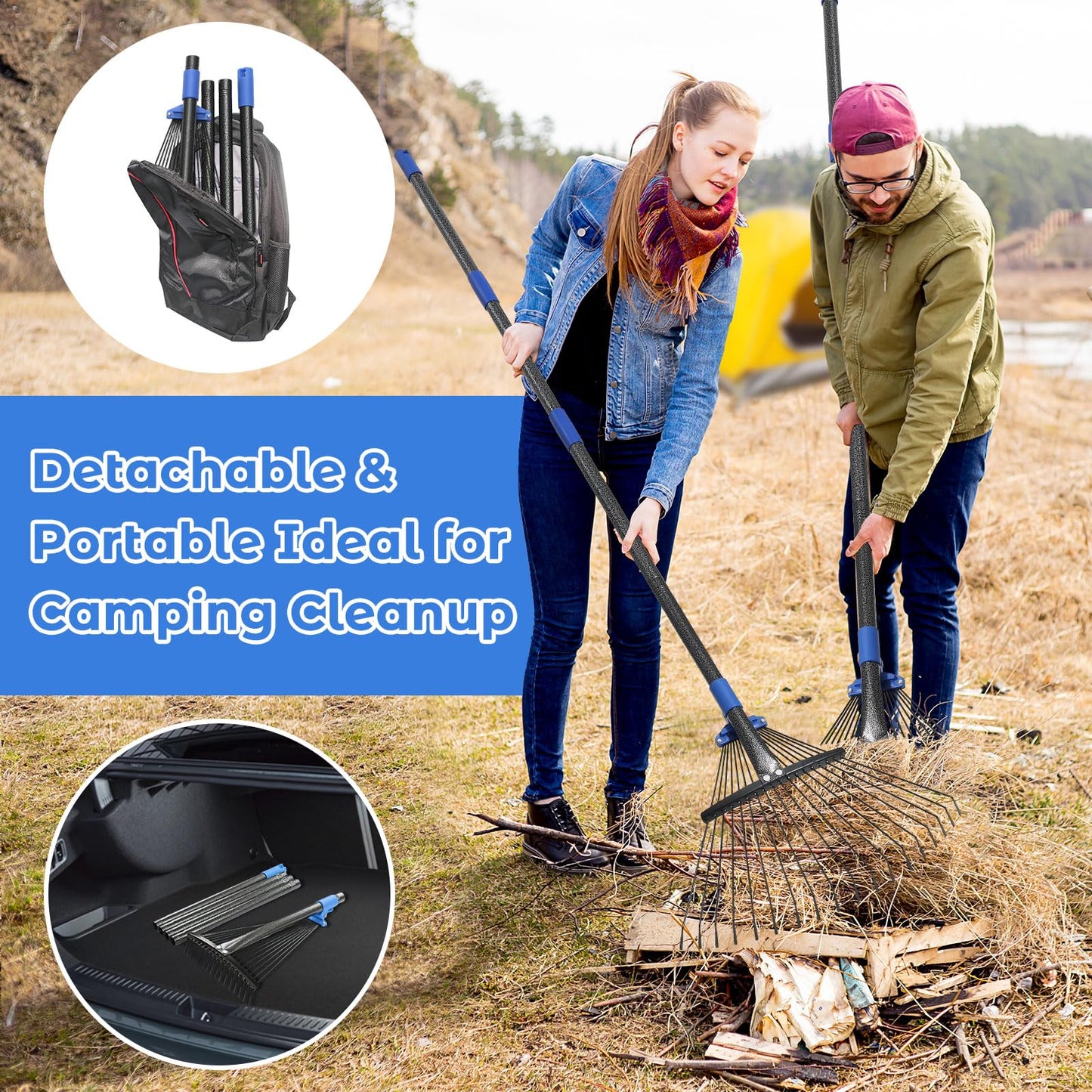 Heavy Duty Garden Leaf Rake-Adjustable Metal Rake with 8-17" Expandable Head,Yard Rakes for Leaves,Grass,Lawns,Shrubs,Flower Beds,Camping,Outdoor Cleanup,Ideal for Women & Kids