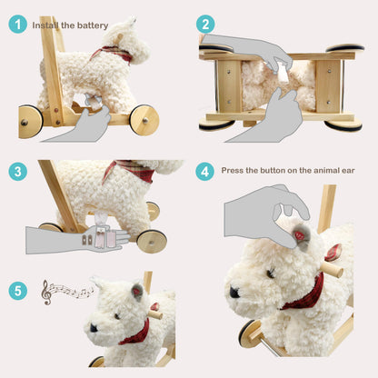 Rock My Baby Wooden Baby Walker, Baby Push Walker with Wheels for 12M+, Toddler Learning to Walk Toy with Sweet Music ＆ Animal Seat 2 in 1 Sit-to-Stand Walker Toy Gift for Boy Girl (Scottie Dog)