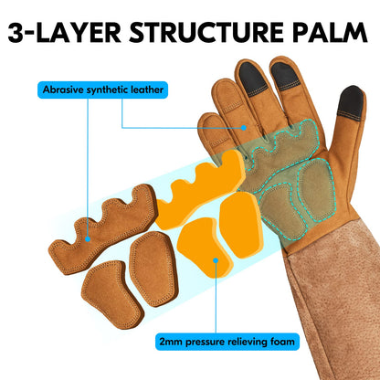 Vgo... Men's Extra-Long Leather Gardening Gloves, Gauntlet with Adjustable Cuff, Puncture & Thorn Proof, Touchscreen (SL6592)