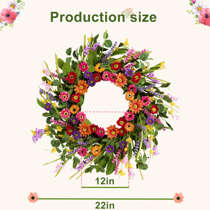 WSTPUPU Artificial Spring Wreath 22 Inch Summer Wreaths for Front Door with Green Eucalyptus Leaves Pink Daisy Lavender Spring Door Wreath for Farmhouse Wall Wedding Home Porch Easter