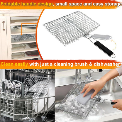 Grill Basket for Outdoor Grill, Stainless Steel Grilling Basket with Foldable Handle, Portable BBQ Cooking Rack for Fish, Vegetables, Shrimp, Chicken - Includes BBQ Skewers 6pcs,Basting Brush,Scrub Sponge-Upgrade