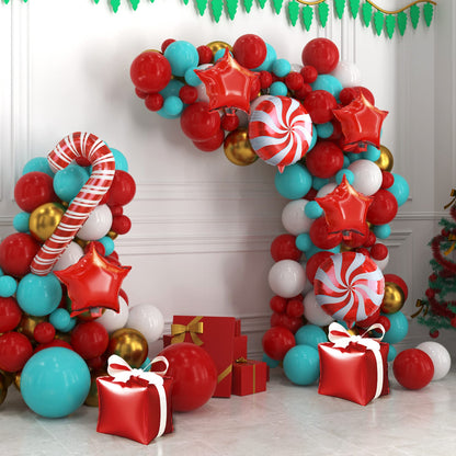 HOUSE OF PARTY Christmas Balloons Arch Kit - Christmas Balloons Decorations Red, Teal, White with Candy Cane | Mylar Balloons with Candy Cane for Xmas Decoration