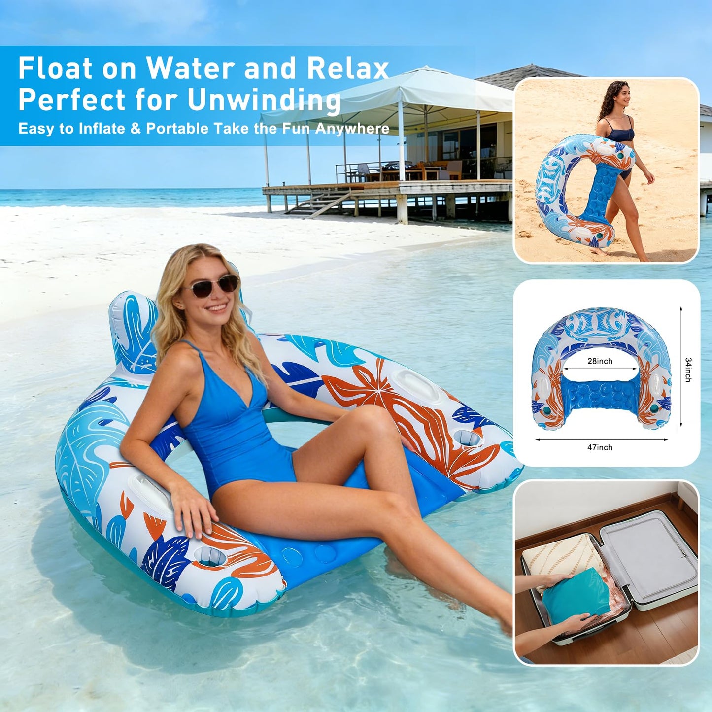BSIEZC Pool Floats Adult, 3Pack Inflatable Pool Floats Chair, U-Shaped Pool Float Lounger with Comfortable Headrest, Cup Holders Sturdy Handles, Portable Pool Floaties for Adults Kids Beach Pool Lake