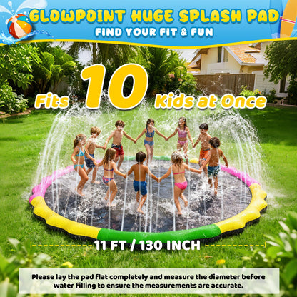Glowpoint 130” Extra Large Non-Slip Splash Pad for Kids & Dogs, 11FT Outdoor Water Sprinkler Pad, 0.5mm Thickened Tear-Resistant PVC, Kids Water Toy & Dog Pool for Backyard Family Fun
