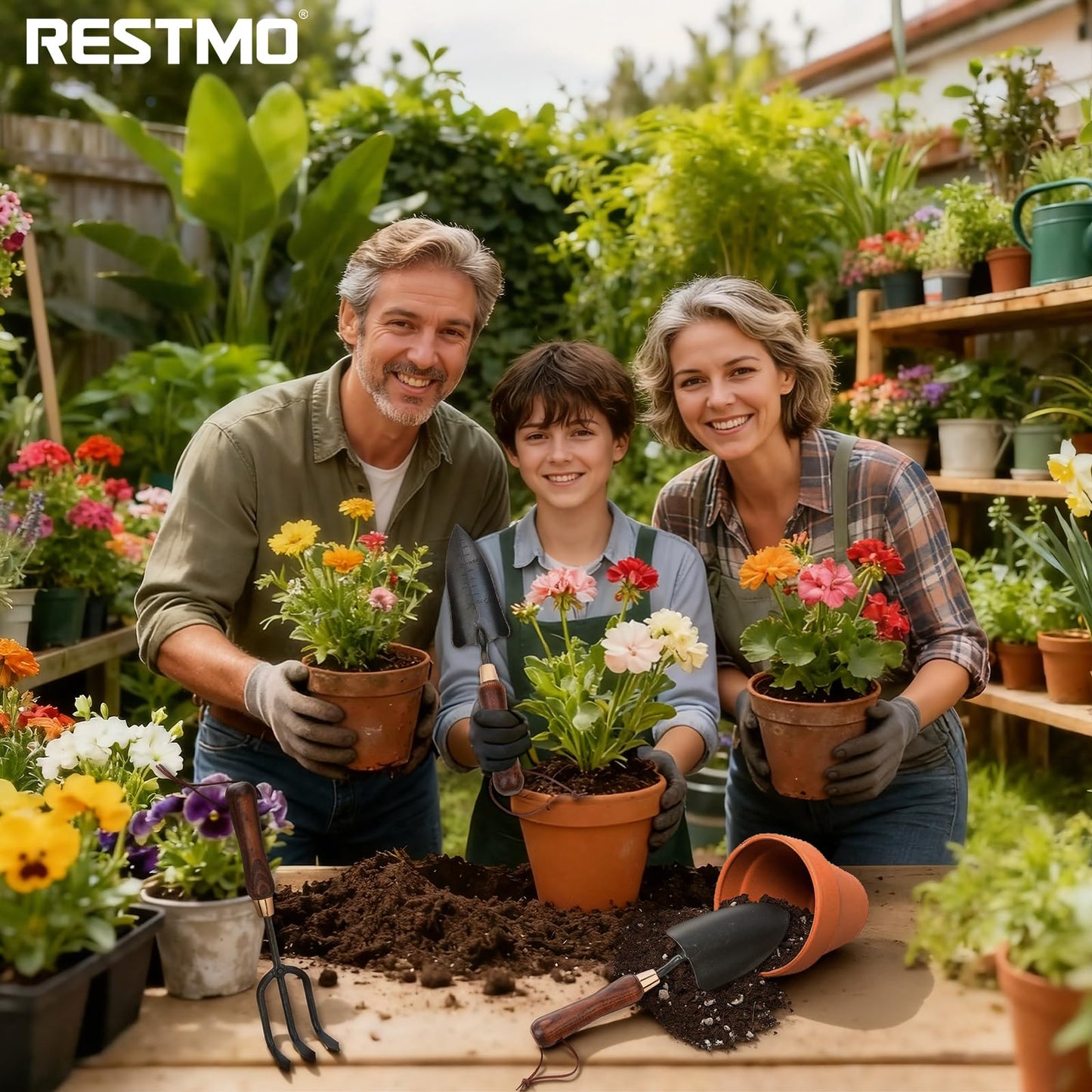 RESTMO 3-in-1 Heavy Duty Gardening Tools Kit, Premium Carbon Steel Garden Hand Tools with Ergonomic Wooden Handle Includes Trowel, Transplanter, and Cultivator, Ideal Gardening Gifts for Gardener