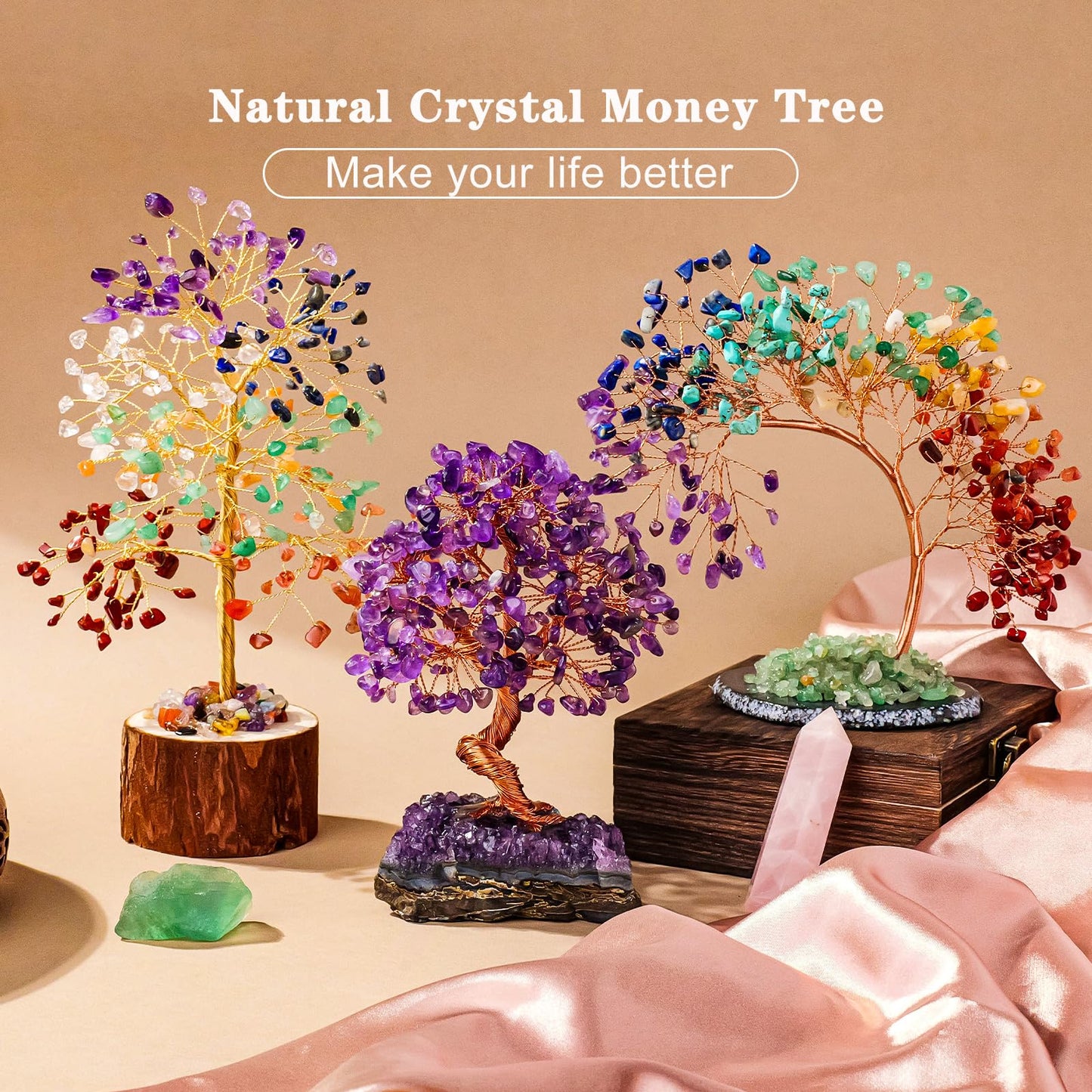 Runyangshi Natural Crystal Seven Chakras Agate Slice Tree of Life Natural Crystal Healing Stones Gemstone Trees Fengshui Good Luck Positive Energy Home Decor