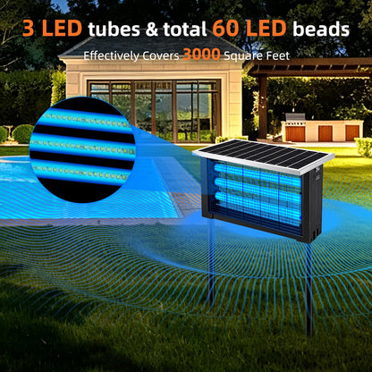 Powerful Solar Bug Zapper Outdoor with 3 LED Tube, Mosquito Zapper Waterproof Poartable Rechargeable Fly Zapper 3500V, Cordless Solar Fly Trap for Patio Garden Backyard Patio RV Camping for 3000 sq.ft