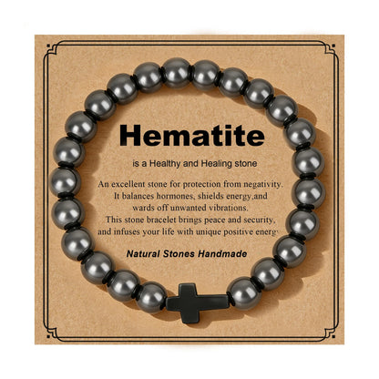 MOJOROUS Hematite Cross Bracelet for Men 8mm Black Obsidian Hematite Tiger Eye Beaded Natural Stone Protection Bracelets Birthday Jewelry Gifts Cross Christian Gift for Him Husband Son
