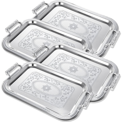 Teecyhooo 4 Pack Stainless Steel Serving Tray with Handle, 16 x 11.4 Inch Large Silver Plate Elegant Floral Metal Platter Tableware for Buffet Wedding Birthday Decorative