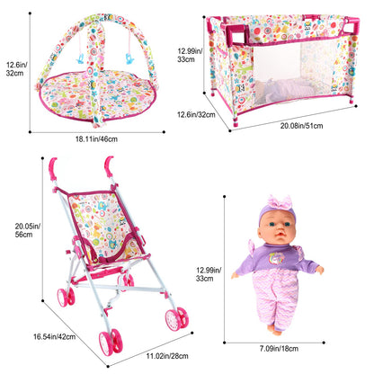 deAO Kids Baby Doll Stroller Nursery Role Play Set with a Variety of Feeding Toy and Play Mat Travel Cot Baby Carrier Stroller and Travel Bag