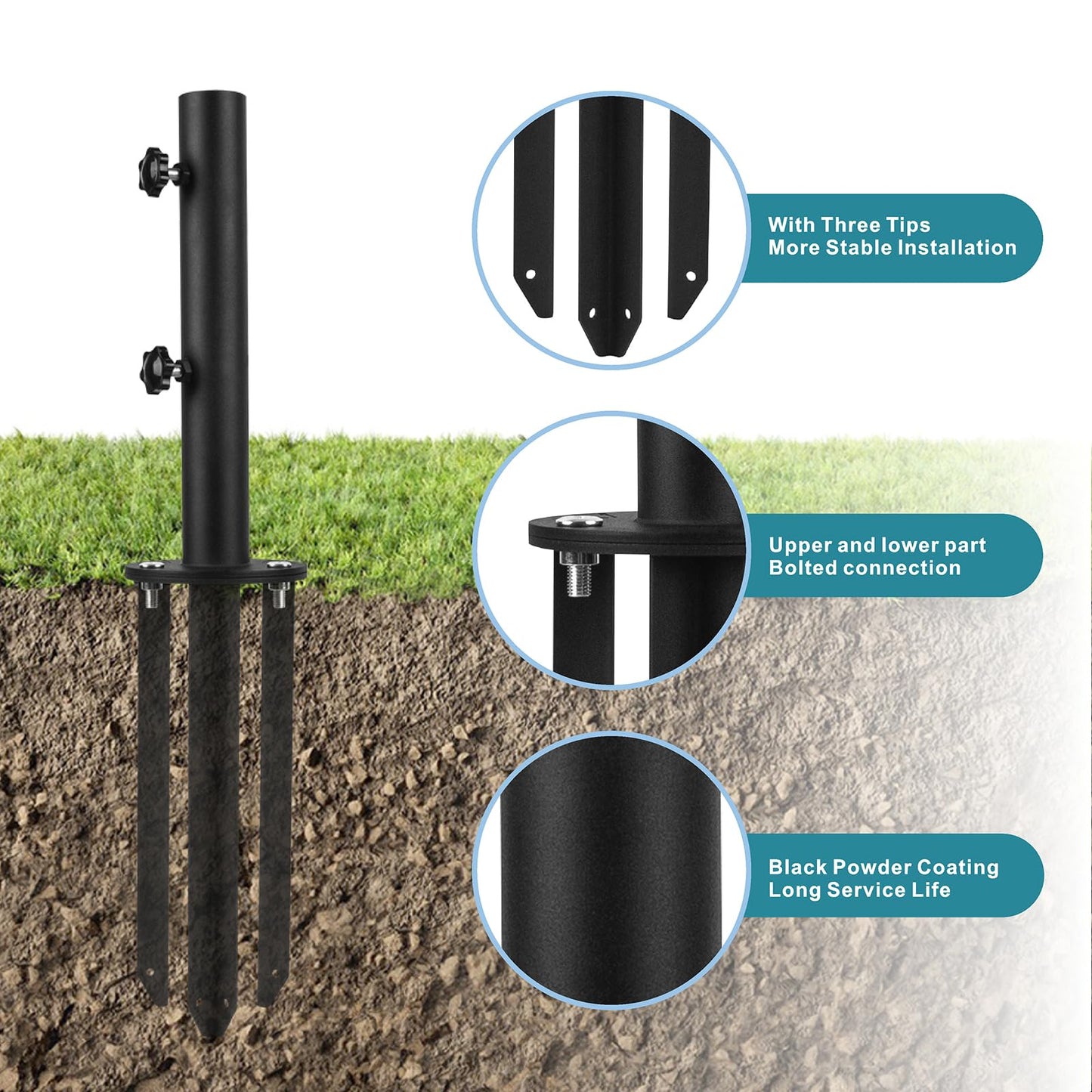Wdwlbsm Patio Umbrella Base Stands, 3 in 1 Multifunctional Outdoor Umbrella Holder, In Ground Umbrella Base with Ground Spike Fixing,Parasol Base Mount for Concrete,Lawns,Granite