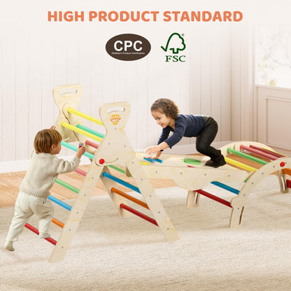 CHAO KWORLDS Pikler Triangle Set Foldable, Montessori Climbing Toys for Toddlers 1-3, Wooden Indoor Jungle Gym, 8-in-1 Toddler Climber with Slide & Arch, Space Saving Indoor Playground