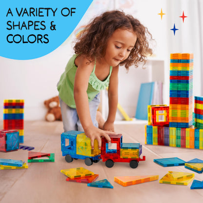 SUNNY AUNTIE Magnetic Tiles 125 PCS XL Set with Storage Bag – Magnetic Building Tiles for Kids Ages 3-8, STEM Magnet Construction Toy for Boys & Girls