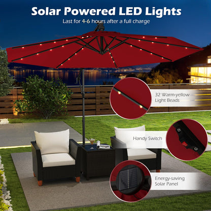 Tangkula 10ft Solar Patio Umbrella with Base Included, Offset Cantilever Outdoor Umbrella with 32 LED Lights, Infinite Tilt, 360 Degree Rotation, Crank Handle for Pool Deck Garden Backyard (Wine)