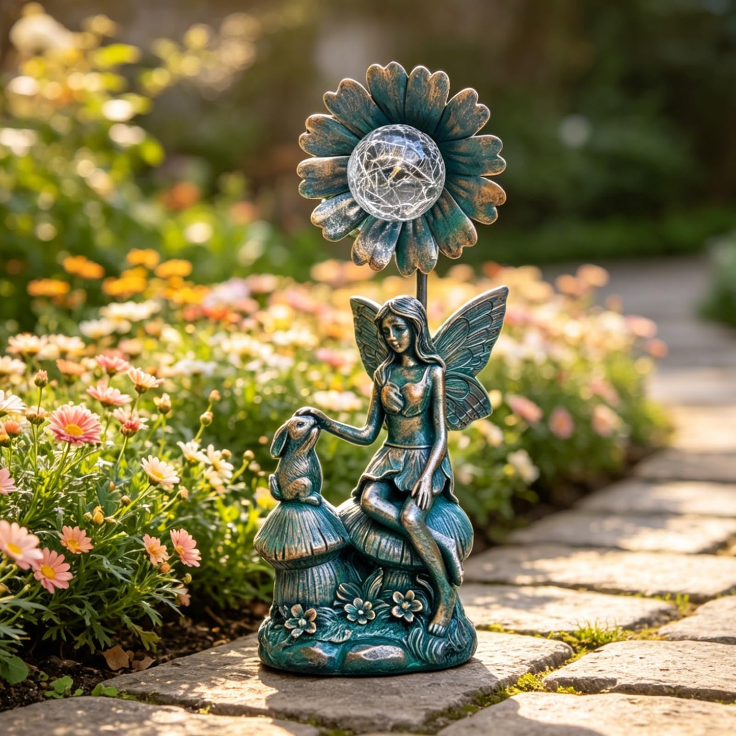 LIFESEEK Garden Solar Fairy Statue - Mushroom Seat, Touching Rabbit, Iron Flower Glass Ball, Whimsical Outdoor Ornament