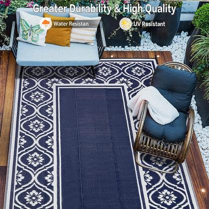 HUGEAR Outdoor Rug 8x10 Patio Camping Carpet Waterproof Mat Blue Outside Plastic Area Rug Reversible Rugs for RV Deck Entryance Porch Picnic Balcony Beach(8x10ft Navy Blue&White)