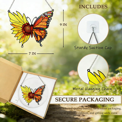 Stained Glass Window Hanging 7 * 9Inch Butterfly Flowers Sun Catcher Decor Handcrafted Stained Glass Panel for Window Home Garden Indoor Suncatchers Ideal Gift for Mom & Friends