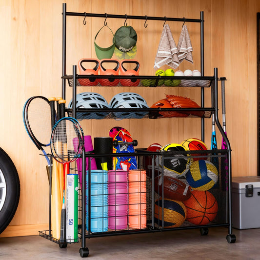 Insdiy Large Sports Organizer for Garage, Ball Storage Rack Garage Sports Equipment Organizer with Side Racks, Baskets, Hooks, Multi-Purpose Golf Gear Storage for Gym Indoor Outdoor