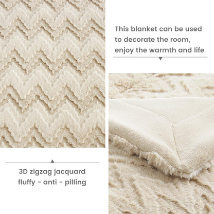 Cozy Bliss Faux Fur Textured Throw Blanket for Bed Super Soft Fuzzy Couch Blanket Gift for Women Premium 3D Ribbed Jacquard All Season Use Khaki Beige Zigzag 60"*80"