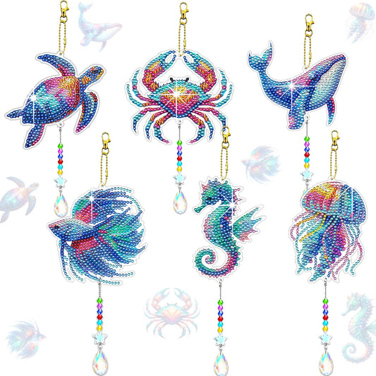 JeCuiK 6 Pcs Ocean Diamond Art Kits for Adults Diamond Painting Wind Chimes Sea Animal Diamonds Painting Suncatcher Double Sided Small Diamond Painting Kits Best Gifts for Mom