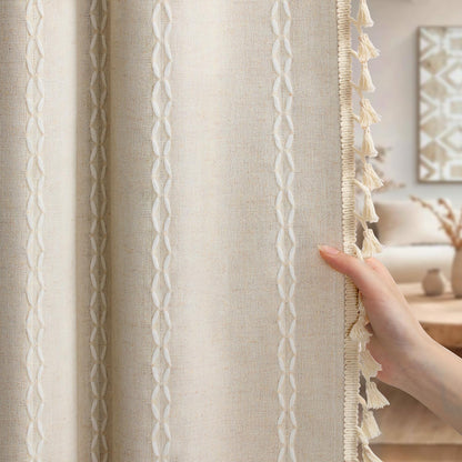 XOGUIBO Boho Blackout Curtains 2 Panels 84 Inch for Living Room Bedroom, Beige Linen Texture Farmhouse Curtains with Tassels and Cotton Embroidery Vintage Rustic Western Rod Pocket