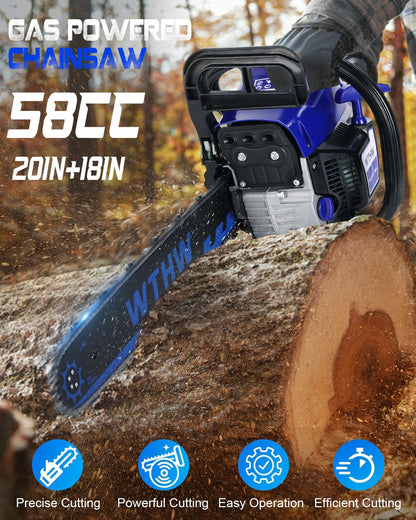 WTHW 58 cc Gas Powered Chainsaw, 20 in & 18 in Quick-Switch Bars – 550 ml Fuel 260 ml Oil Tanks, Automatic Chain Oiler, Centrifugal Air Filter, Quick Start, Inertial Chain Brake (Blue)