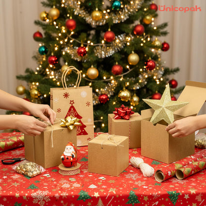 UnicoPak 30 Pack 4x4x4 Small Brown Gift Boxes with Lids & Twine - Premium USA Kraft Cardboard - Pop-Up Easy Assembly Gift Boxes for Presents, Candles, Mugs, Ornaments, Favors