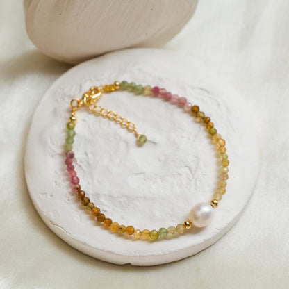 Gempires Watermelon Tourmaline Beaded Bracelet with Pearl Choker Crystal Jewelry Lightweight Colorful Gemstone Bracelets For Women Hypoallergenic 7.5 Inch Gold Plated Adjustable Chain