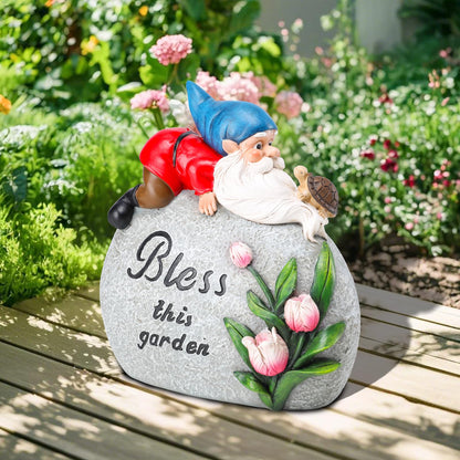 Ovewios Garden Stones Statues Outdoor Decor, Novelty Gnome Garden Sculptures Stones Statue with Flower and Turtle Figurine Decoration for Patio Yard Porch Art Home Decor